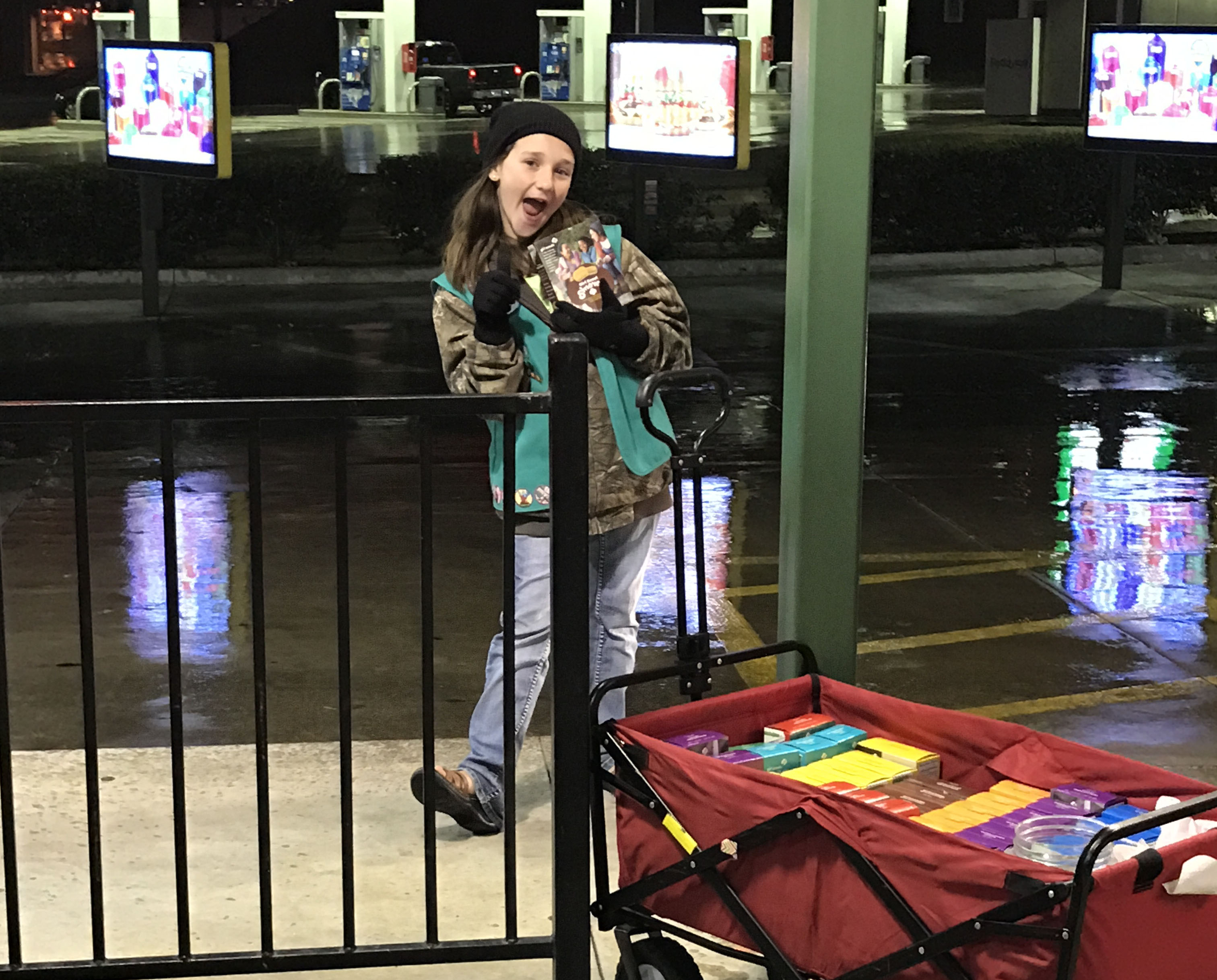 Selling Girl Scout Cookies in the rain